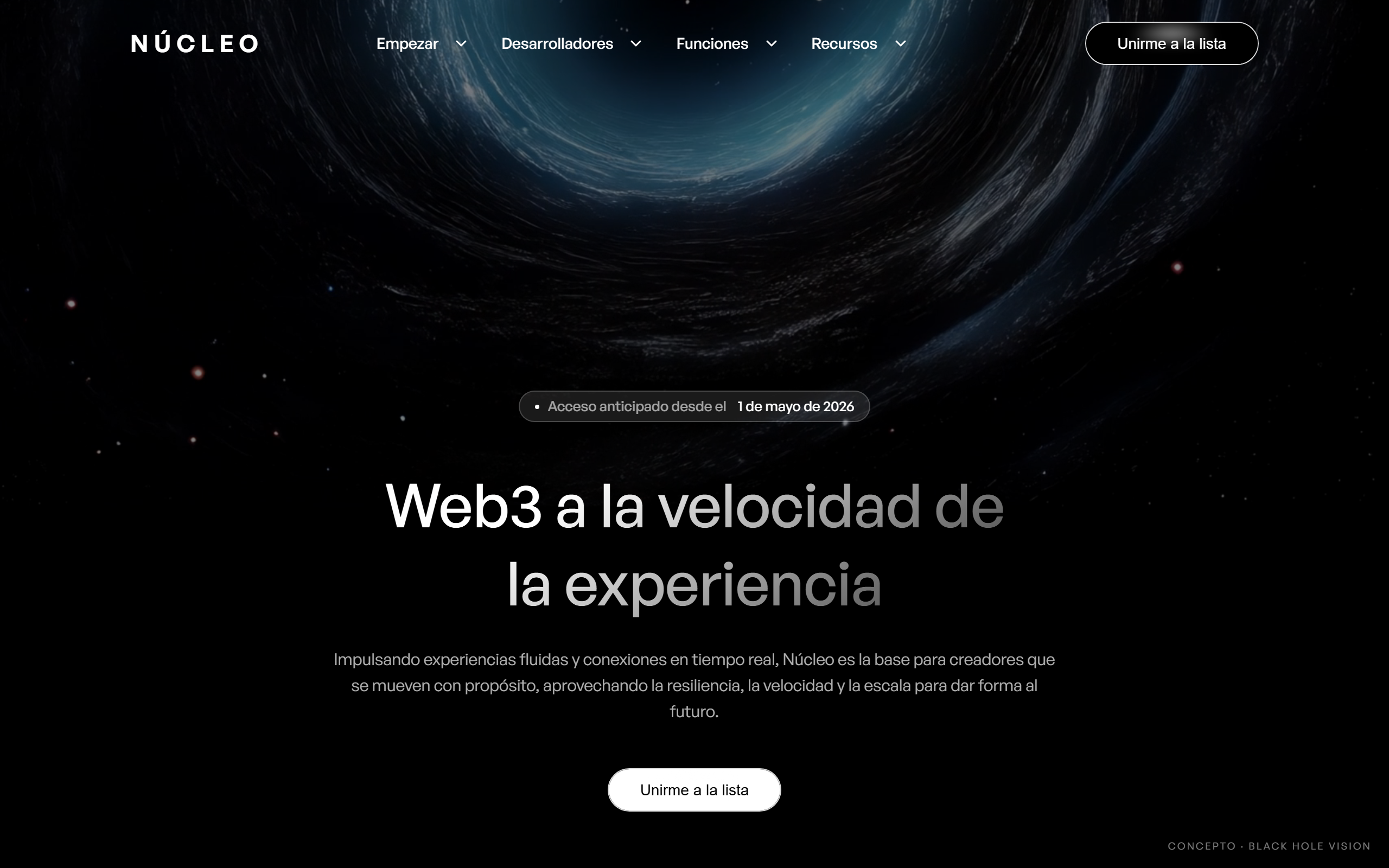 Hero de lanzamiento Web3 con video de fondo — Núcleo